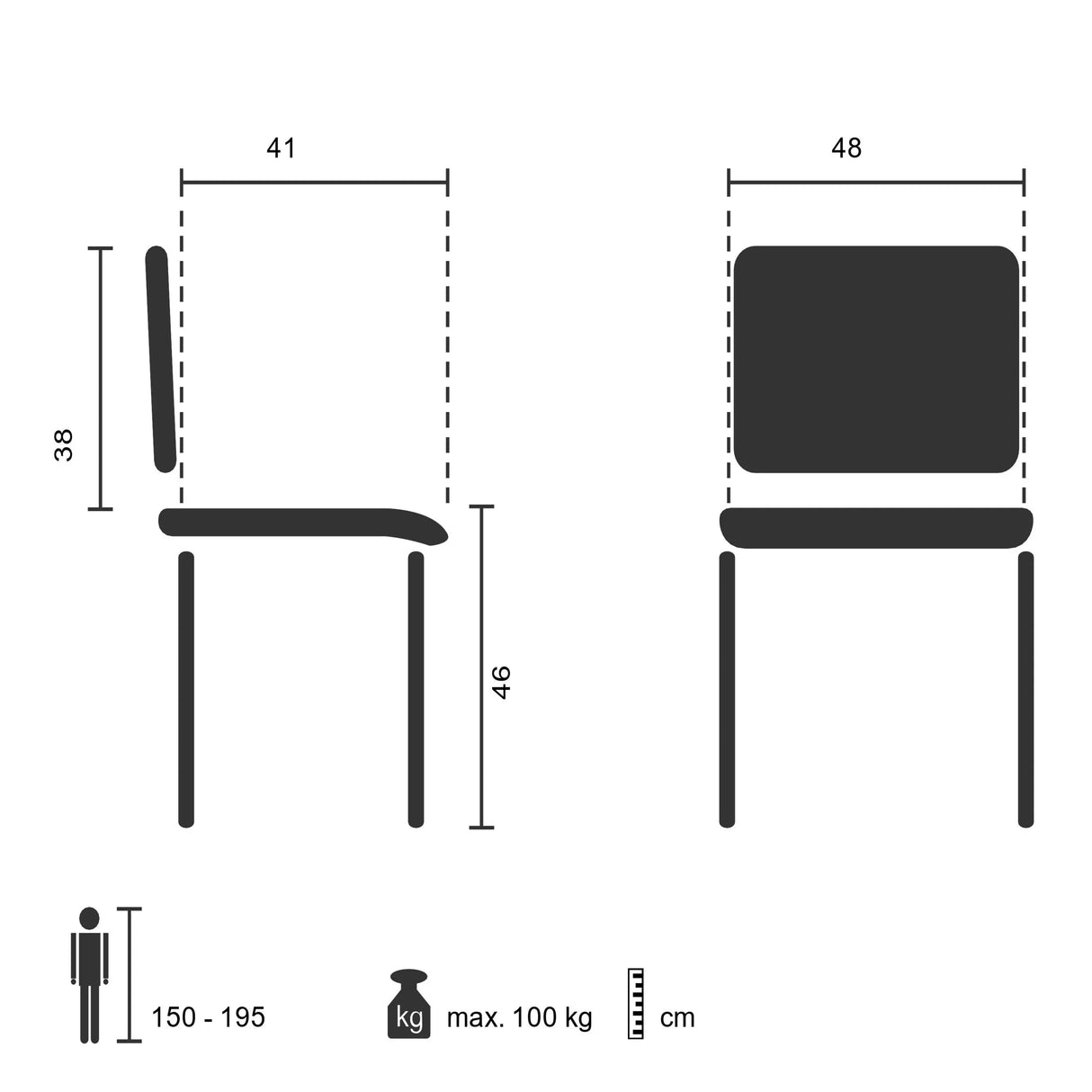 Technische Zeichnung des Vierfußstuhls XT 600 mit einer Sitzhöhe von 46 cm von hjh OFFICE
