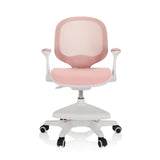 Chaise pour enfants KID ERGO rose avec dossier en maille, accoudoirs et base blanche à cinq roulettes de hjh OFFICE – vue à 360° (vue de face 0°)
