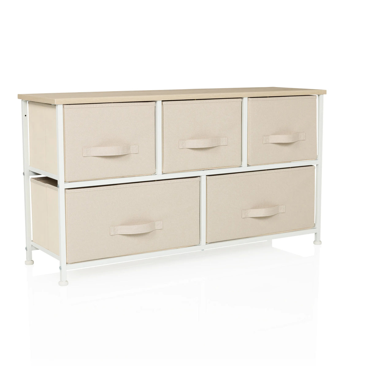 Commode beige FOLDAR avec cinq tiroirs en tissu et structure blanche de hjh LIVING – vue à 360° (vue de trois quarts avant 30°)