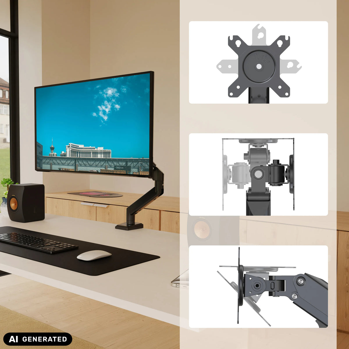 Fixation pour écran Ergomount GF1 avec plaque adaptatrice VESA et mécanismes d'articulation de hjh OFFICE (image générée par IA)