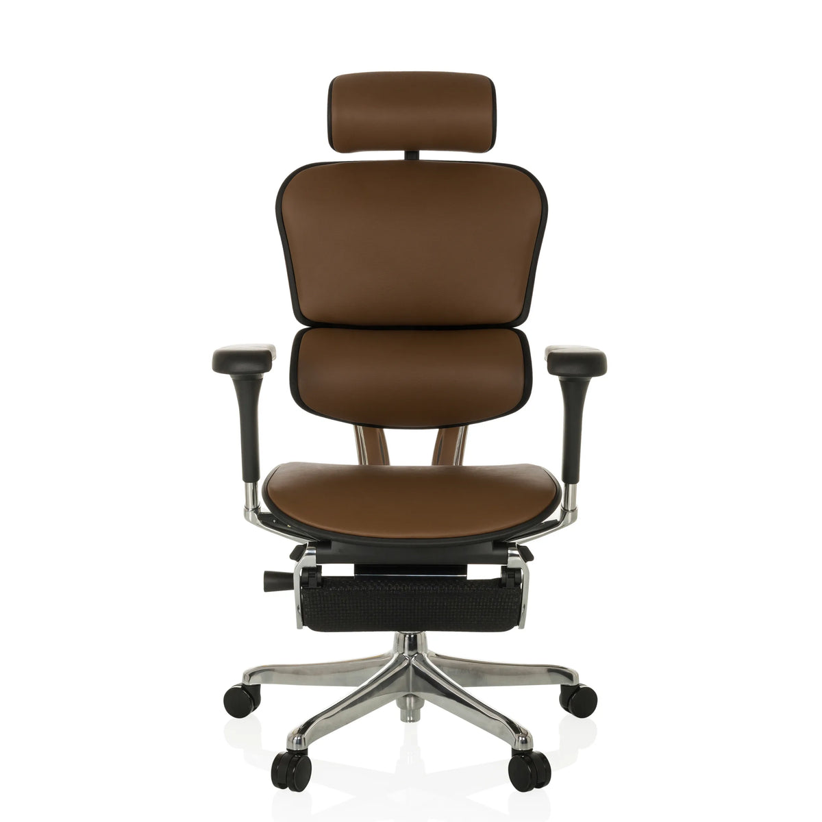 Siège de direction de luxe ERGOHUMAN PLUS LEGPRO GEN2 marron en cuir avec appuie-tête et pied à cinq roulettes de hjh OFFICE – vue à 360° (vue de face 0°)