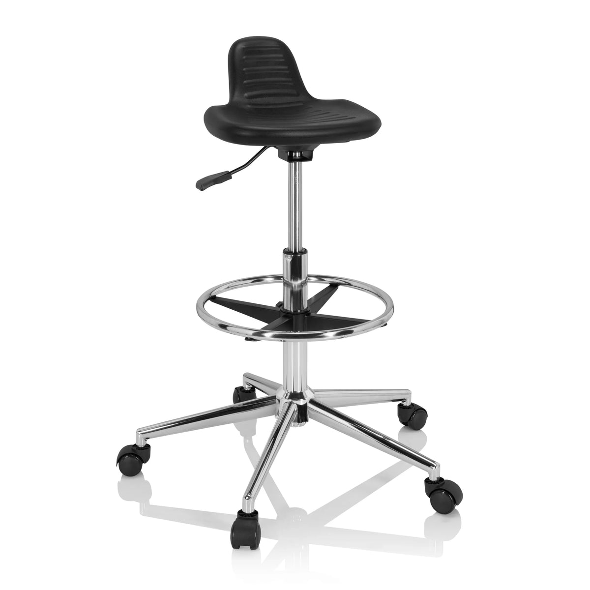 Tabouret pivotant noir TOP WORK 03 I avec repose-pieds et piètement à cinq roulettes de hjh OFFICE – vue à 360° (vue de face 20°)