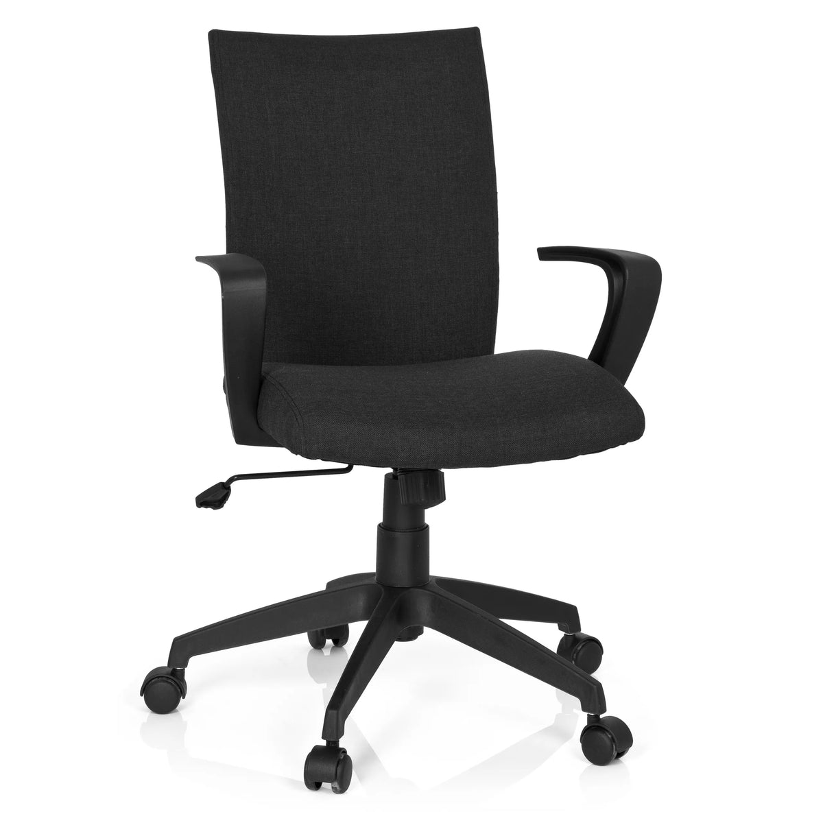 Siège de bureau à domicile SOFT noir avec accoudoirs et pied à cinq roulettes de hjh OFFICE – vue à 360° (vue de face 20°)