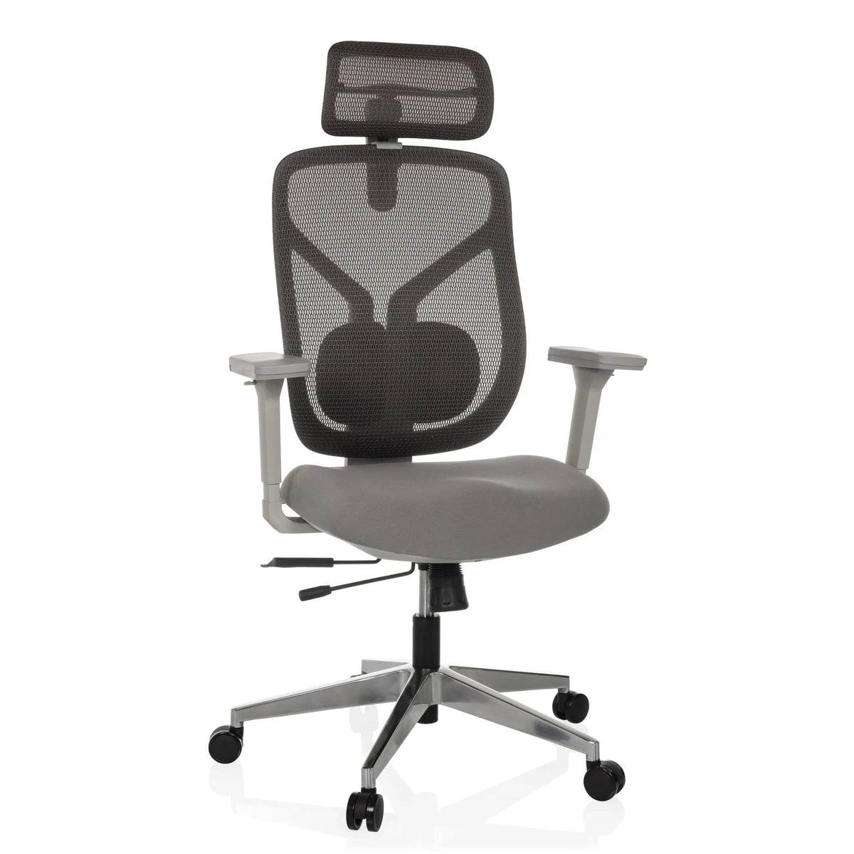 Siège de bureau haut de gamme CASSILIS W gris avec dossier en maille et piètement à cinq roulettes de hjh OFFICE – vue à 360° (vue de face 15°)