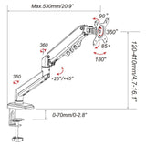 Dessin technique de la Fixation pour écran Ergomount GF1 avec une portée maximale de 530 mm de hjh OFFICE