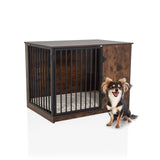Niche pour chien marron PAWHOME S avec grilles et un petit chien à côté de hjh LIVING