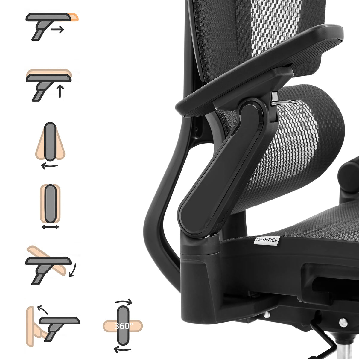 Accoudoir multi-réglable du siège de bureau de qualité professionnelle Ergo U2 Pro3 avec graphiques de fonction schématiques de hjh OFFICE