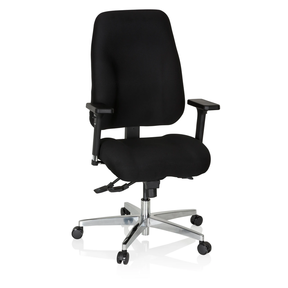 Siège de bureau de qualité professionnelle ZENIT COMFORT noir avec accoudoirs et piètement à cinq roulettes de hjh OFFICE – vue à 360° (vue de face 20°)