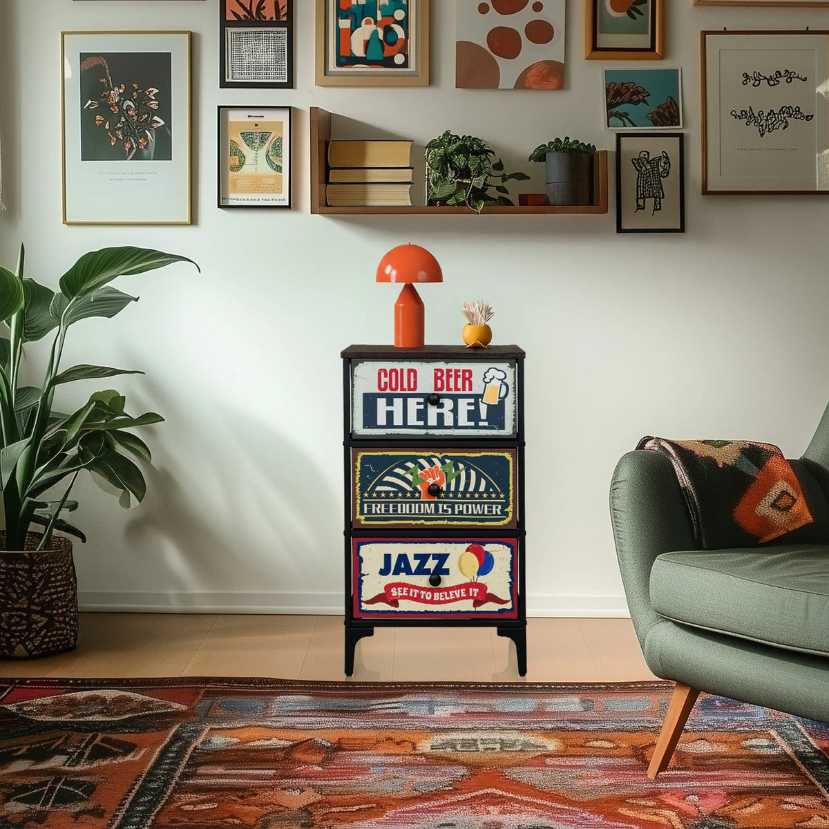 Commode AMERIKO S avec trois tiroirs colorés à motifs et structure noire de hjh LIVING