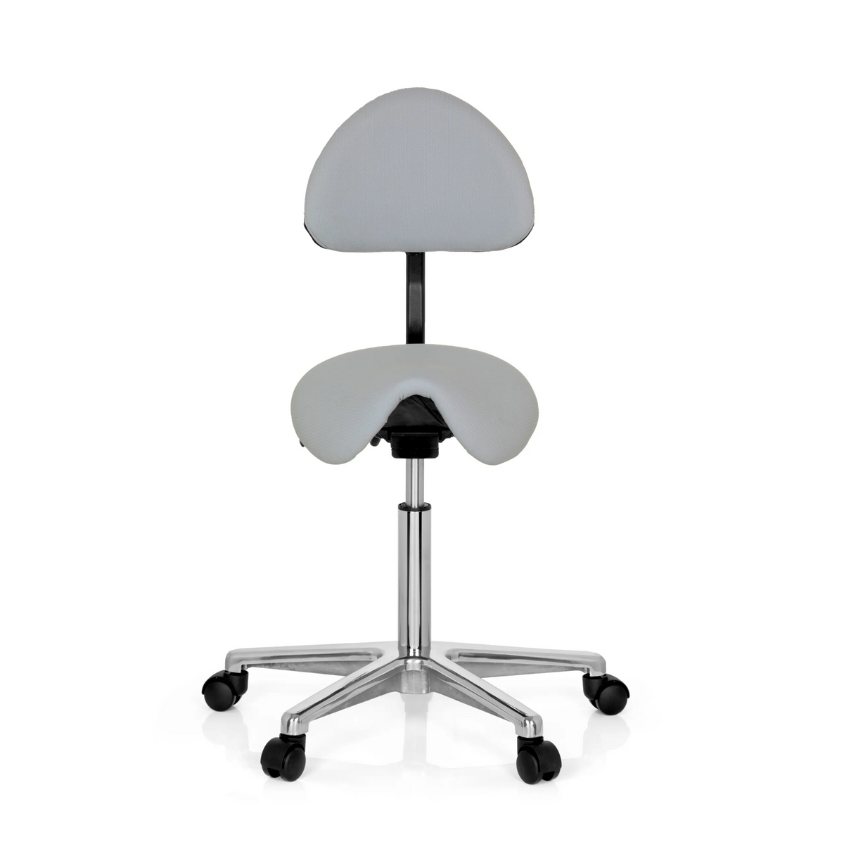 Tabouret de selle TOP WORK 20 gris avec dossier et base à cinq roulettes de hjh OFFICE – vue à 360° (vue de face 0°)