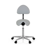 Tabouret de selle TOP WORK 20 gris avec dossier et base à cinq roulettes de hjh OFFICE – vue à 360° (vue de face 0°)