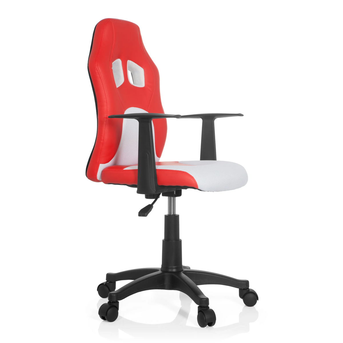 Chaise pivotante pour enfants TEEN GAME AL rouge et blanche avec accoudoirs et pied étoilé noir à cinq roulettes de hjh OFFICE – vue à 360° (vue de trois quarts avant 60°)