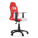Chaise pivotante pour enfants TEEN GAME AL rouge et blanche avec accoudoirs et pied étoilé noir à cinq roulettes de hjh OFFICE – vue à 360° (vue de trois quarts avant 60°)