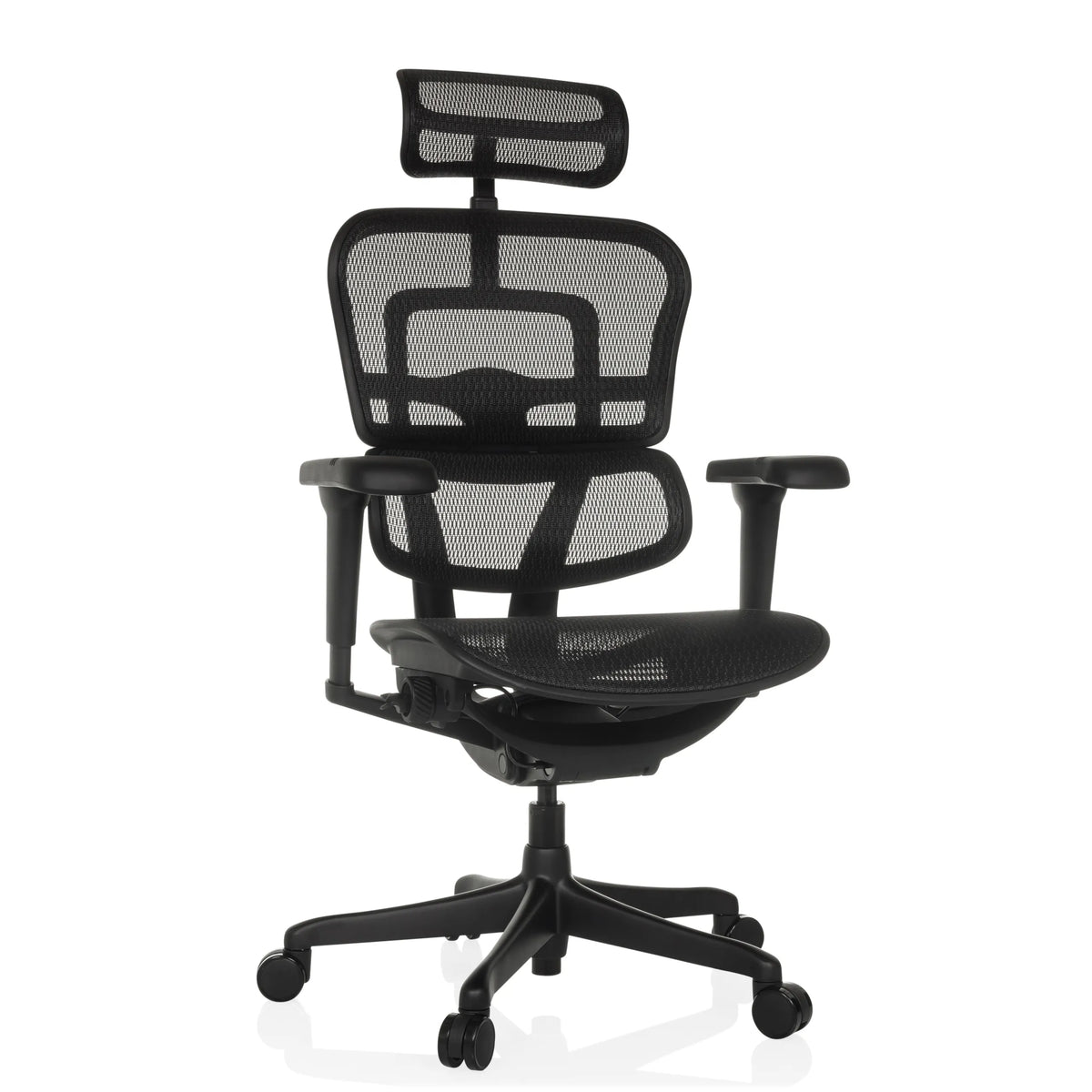 Siège de direction de luxe ERGOHUMAN SIGNATURE GEN2 noir, dossier maille, appui-tête et base 5 roulettes de hjh OFFICE – vue à 360° (vue de face 15°)