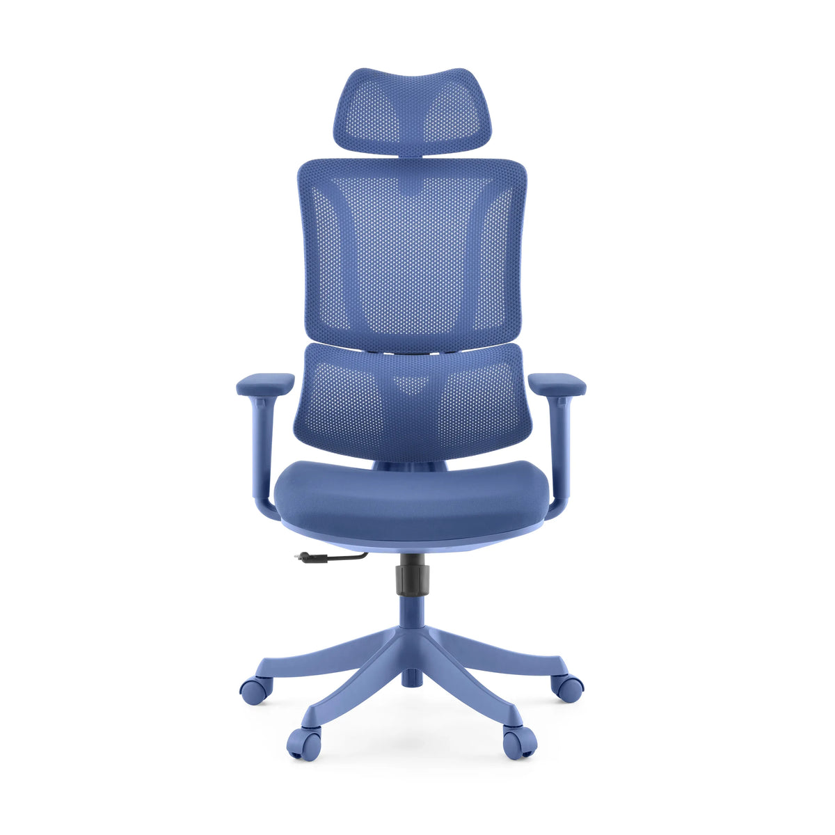 Siège de bureau à domicile Ergomy Colore bleu avec dossier en maille et base à cinq roulettes de MyBuero – vue à 360° (vue de face 0°)