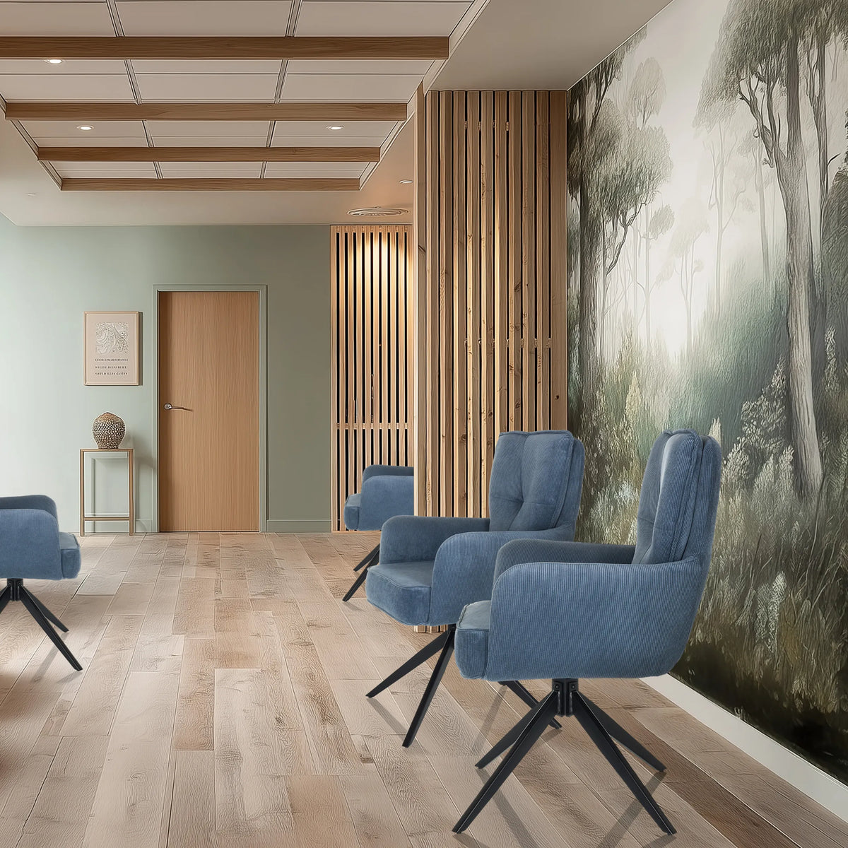 Chaises rembourrées bleues TARUGO avec piètement étoile dans une zone d'attente moderne de hjh LIVING