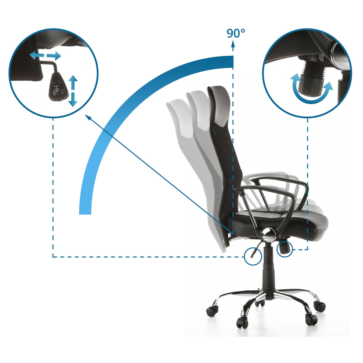 Mécanismes de réglage du dossier du siège de direction pour bureau à domicile STRYKA avec angle d'inclinaison de 90° de hjh OFFICE