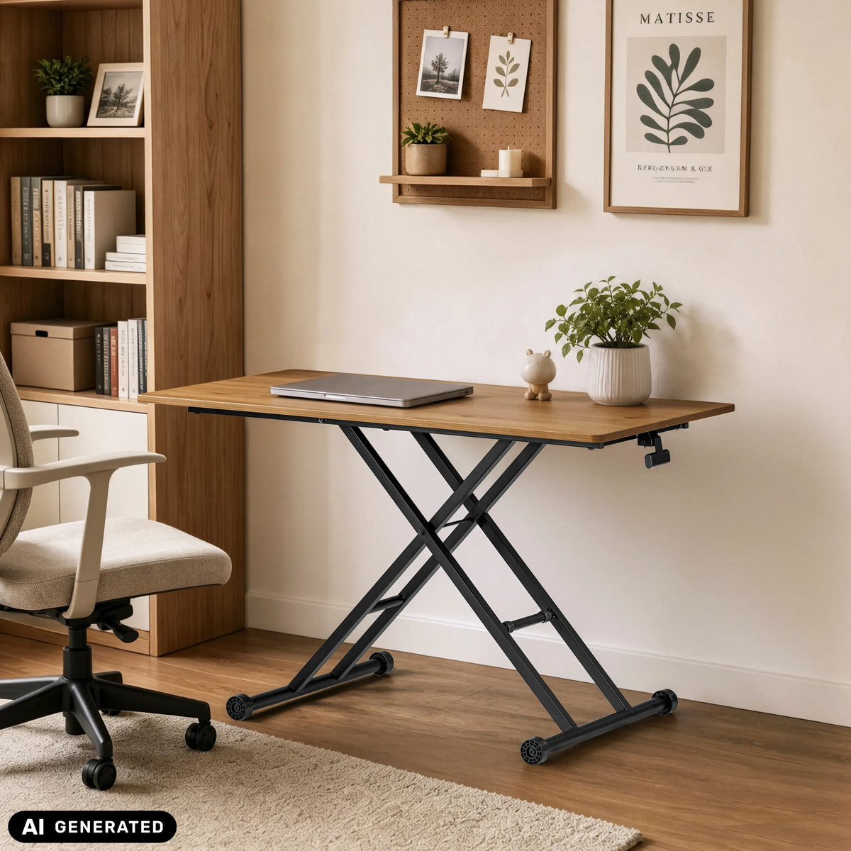 Bureau réglable en hauteur Worktime Lift en chêne et noir avec piétement en X et ordinateur portable de hjh OFFICE