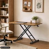 Bureau réglable en hauteur Worktime Lift en chêne et noir avec piétement en X et ordinateur portable de hjh OFFICE
