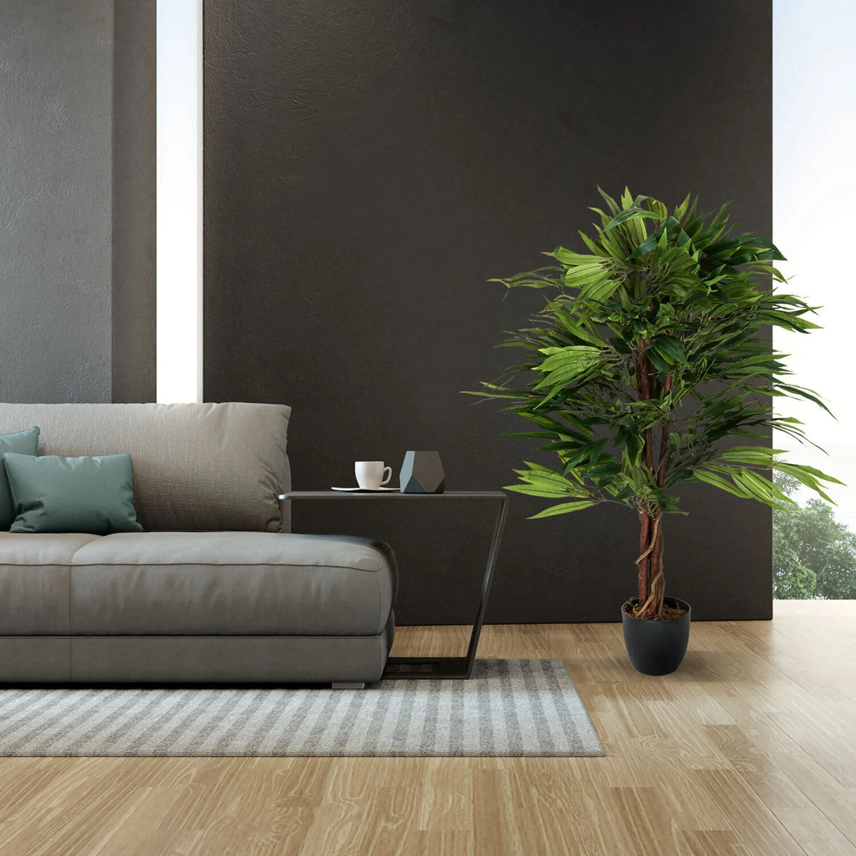 Plante artificielle MANGO de couleur verte avec cache-pot noir de hjh OFFICE