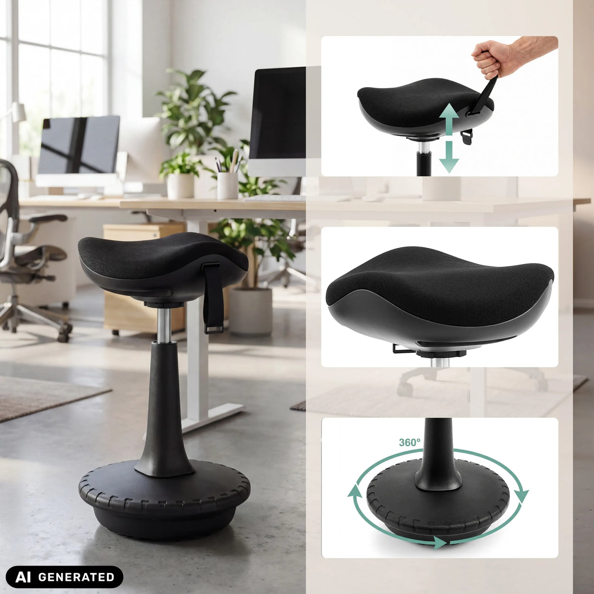 Assise réglable en hauteur et pied pivotant à 360 degrés du siège assis-debout Balance Sit Ergo de hjh OFFICE (image générée par IA)