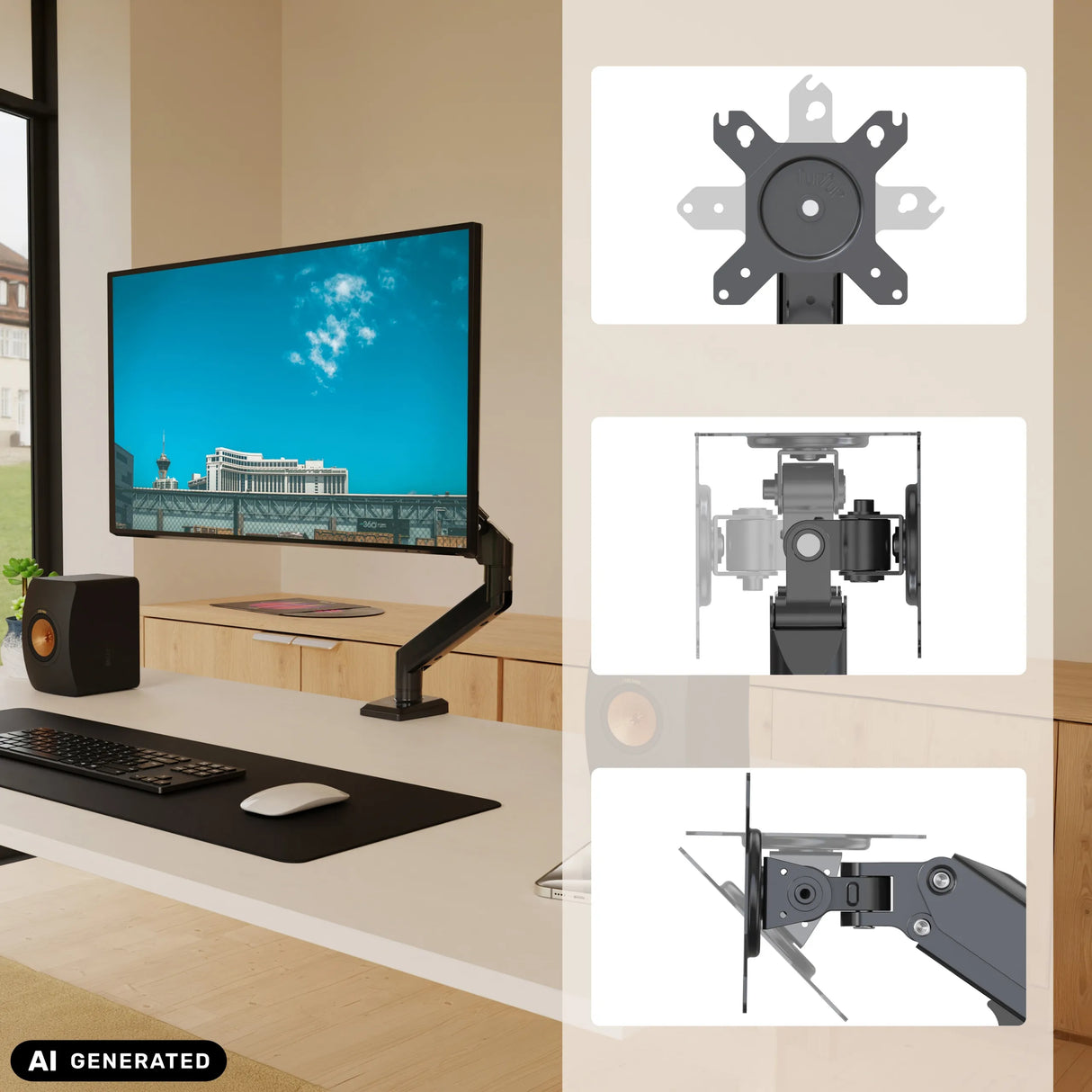 Fixation pour écran Ergomount GF1 avec plaque adaptatrice VESA et mécanismes d'articulation de hjh OFFICE (image générée par IA)
