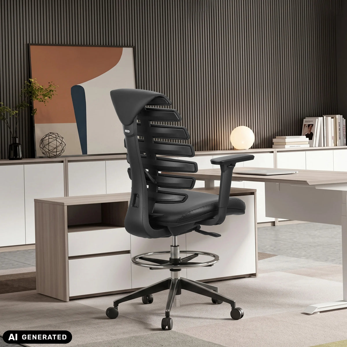 Chaise de comptoir ERGO LINE II WORK en cuir noir avec dossier et repose-pieds de hjh OFFICE (image générée par IA)