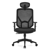 Siège de bureau à domicile BLACORE noir avec dossier en maille, appui-tête et base à cinq roulettes de MyBuero – vue à 360° (vue de face 0°)