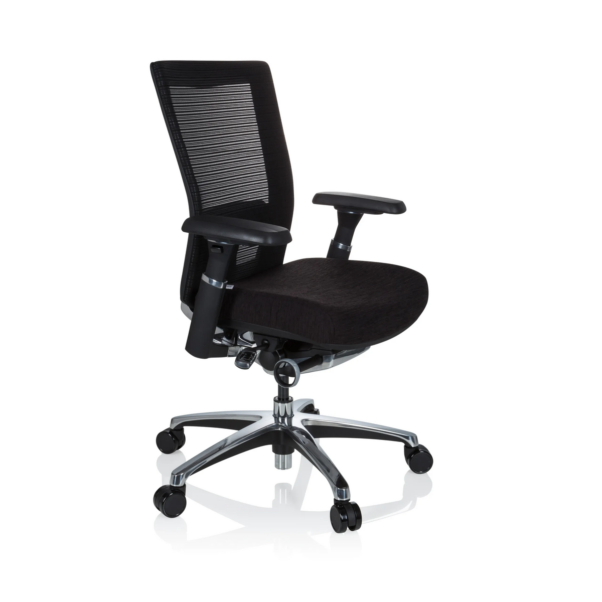 Siège de bureau haut de gamme NOVA PRO ALU noir avec dossier en maille et base à cinq roulettes de hjh OFFICE – vue à 360° (vue de trois quarts avant 60°)