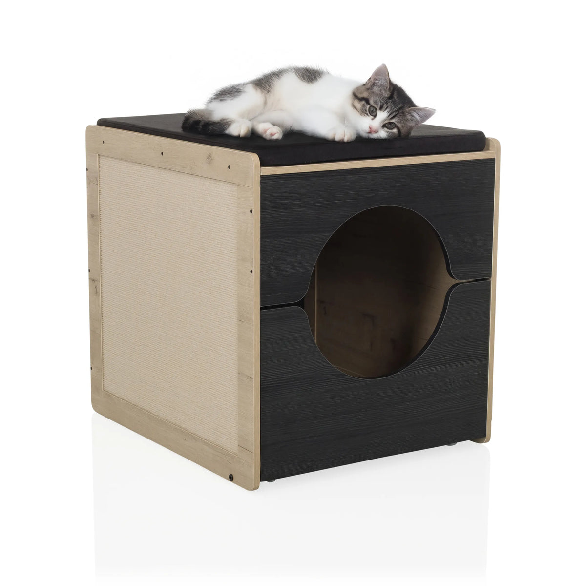Maison pour chat KITTY PAWBOX 2 en noir et chêne avec un chat allongé sur le toit de hjh LIVING