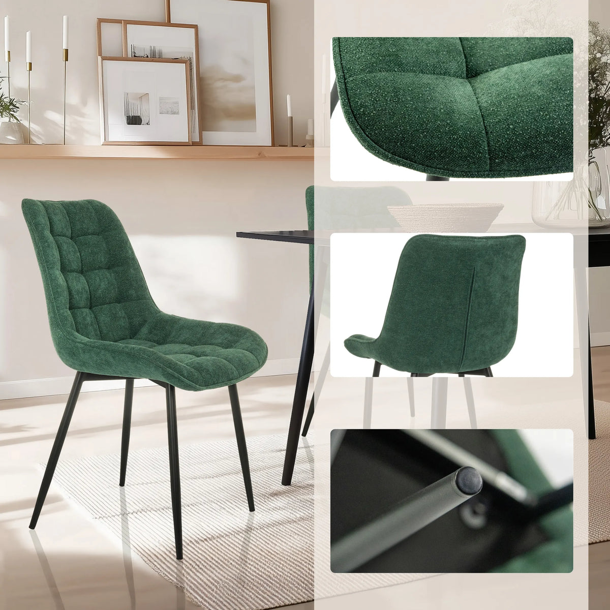 Chaise de salle à manger ELARIS couleur pétrole avec rembourrage capitonné et pieds noirs, incluant des vues détaillées de hjh LIVING