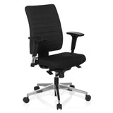 Schwarzer Profi-Bürostuhl PRO-TEC 350 mit Armlehnen und silbernem Fußkreuz mit fünf Rollen von hjh OFFICE – 360-Grad-Ansicht (schräge Frontansicht 40°)