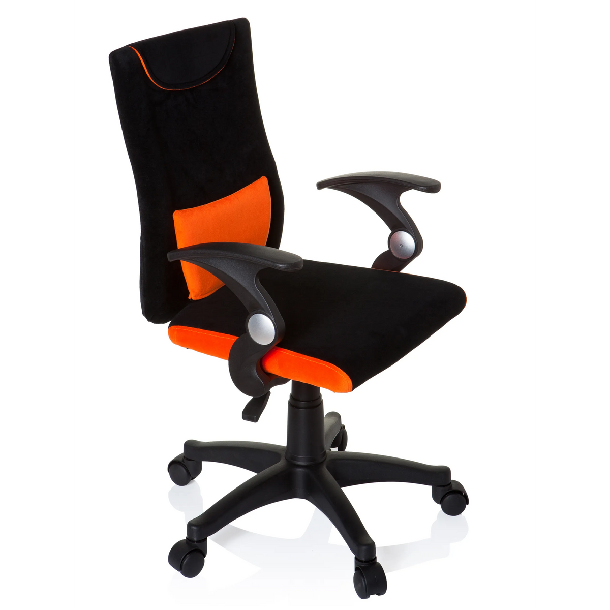 Chaise pivotante pour des enfants KIDDY PRO AL noir et orange avec coussin lombaire et base à cinq roulettes de hjh OFFICE – vue à 360° (vue de trois quarts avant 60°)