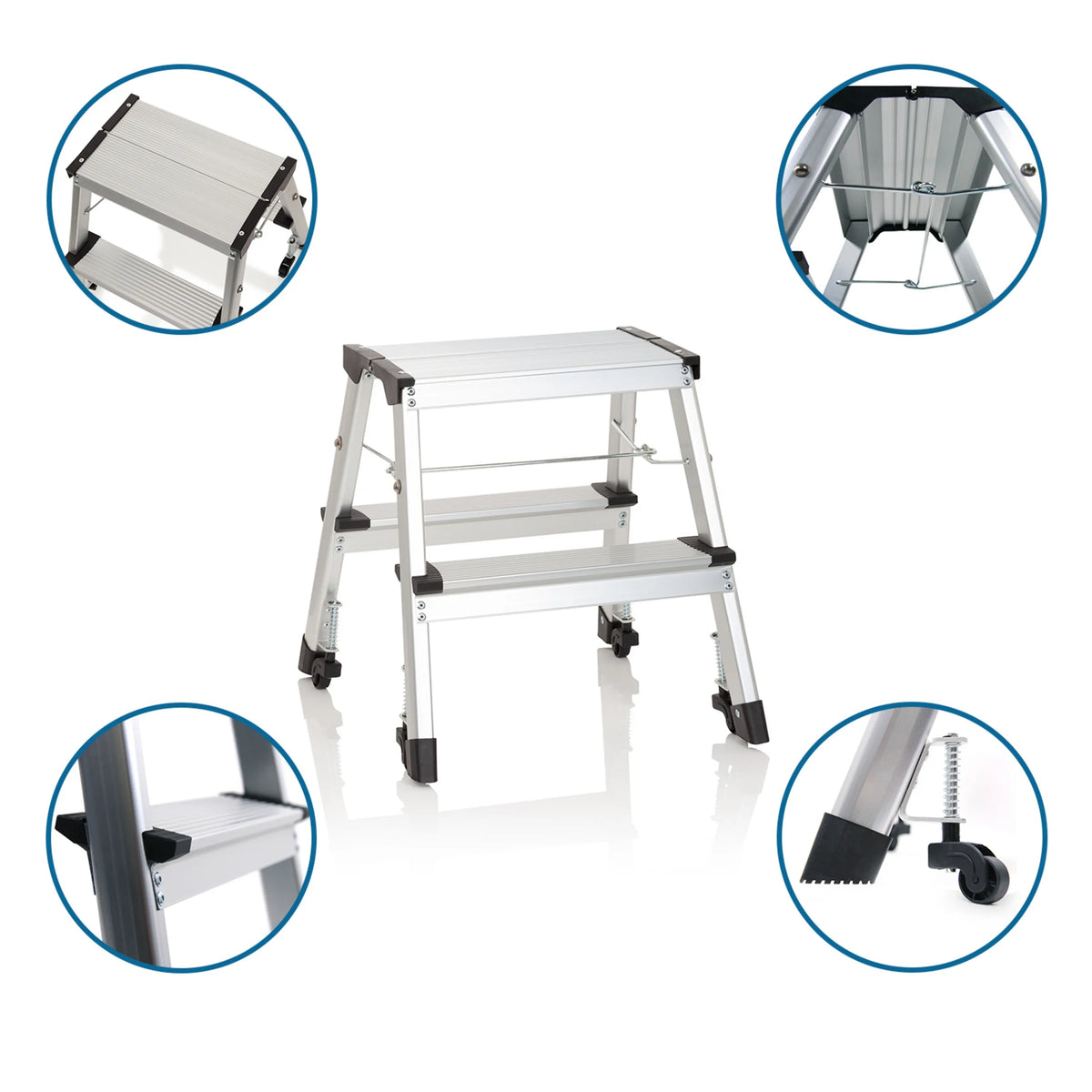 Échelle pliante à deux marches SOLID VI en aluminium avec roulettes et verrouillage de sécurité de hjh OFFICE