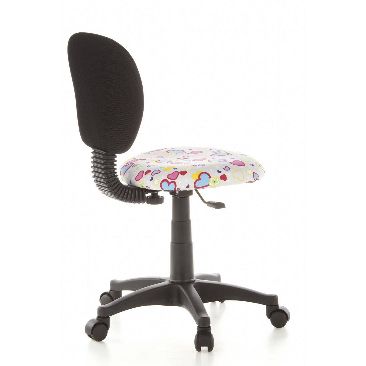 Chaise pivotante pour des enfants KIDDY TOP avec motif coloré de cœurs et de fleurs et base à cinq roulettes de hjh OFFICE – vue à 360° (vue de trois quarts arrière 120°)