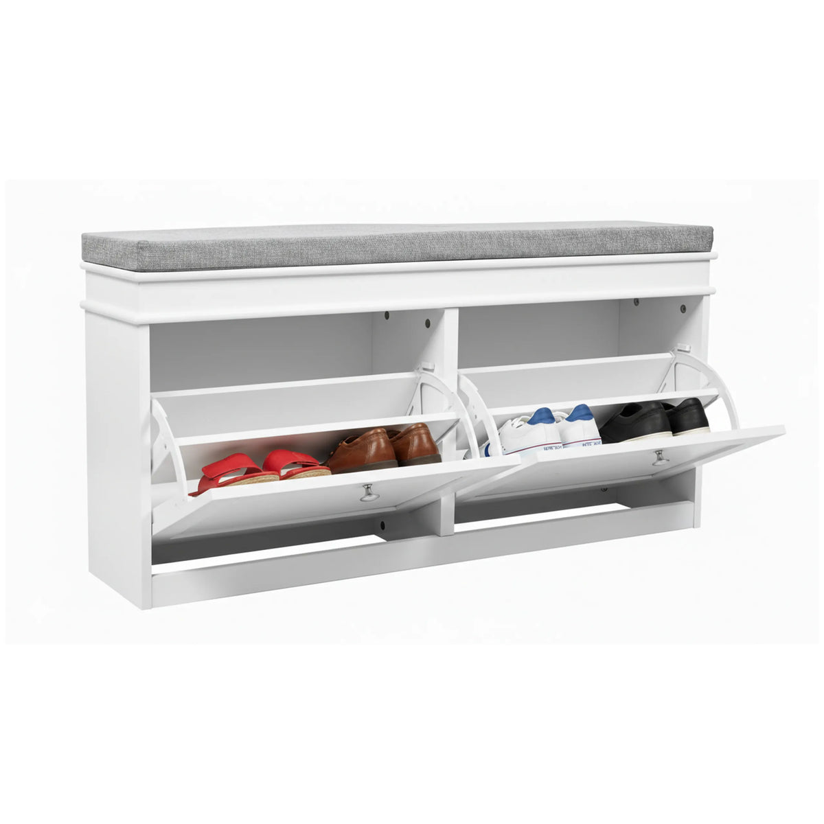 Armoire à chaussures Estha 11 blanche avec coussin d'assise gris et deux compartiments abattants ouverts pour chaussures de hjh LIVING