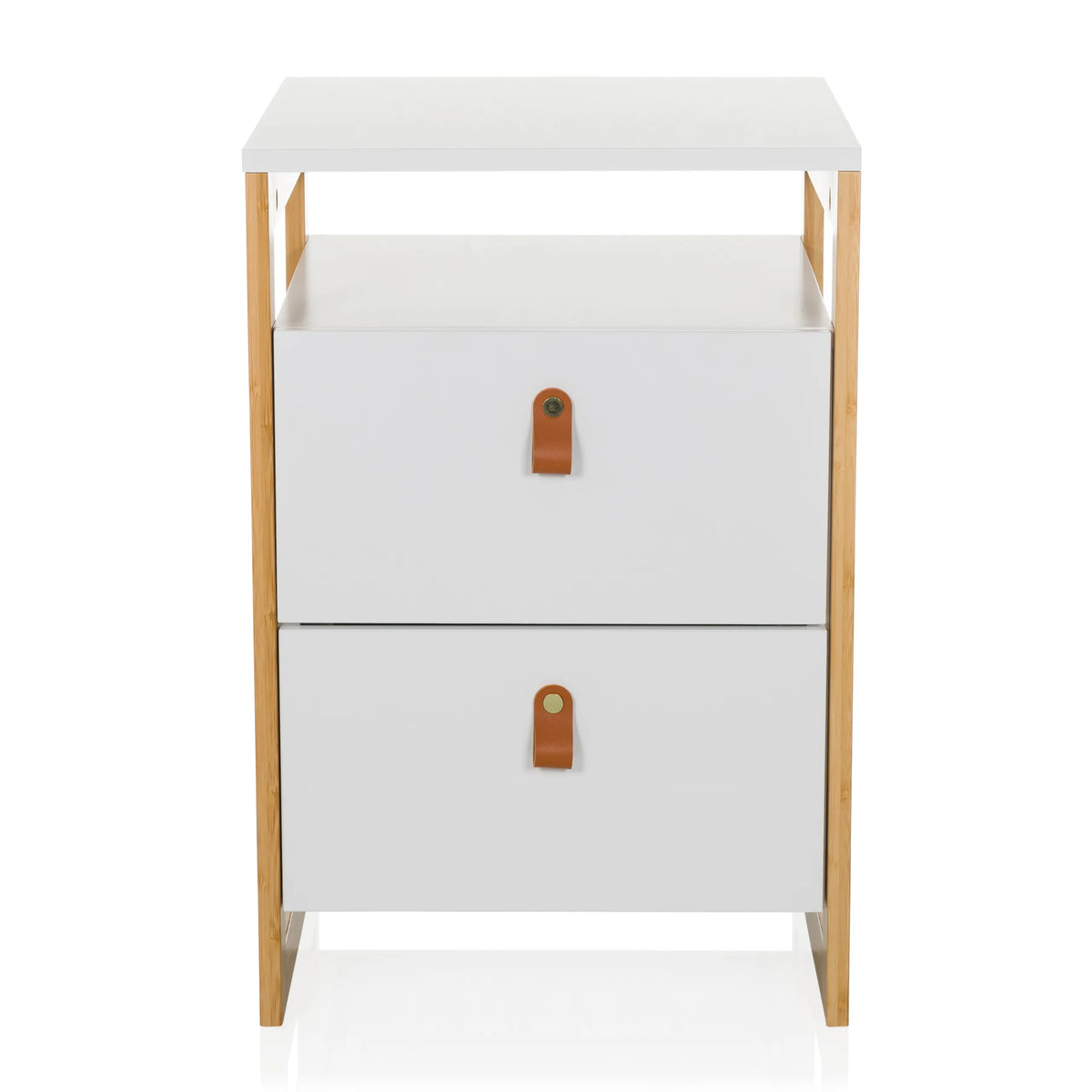 Table d'appoint blanche TAROLO III avec deux tiroirs et poignées en cuir marron de hjh LIVING – vue à 360° (vue de face 0°)