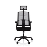 Siège de bureau de qualité professionnelle SPINIO PRO noir, dossier maille, appui-tête et base 5 roulettes de hjh OFFICE – vue à 360° (vue de face 0°)