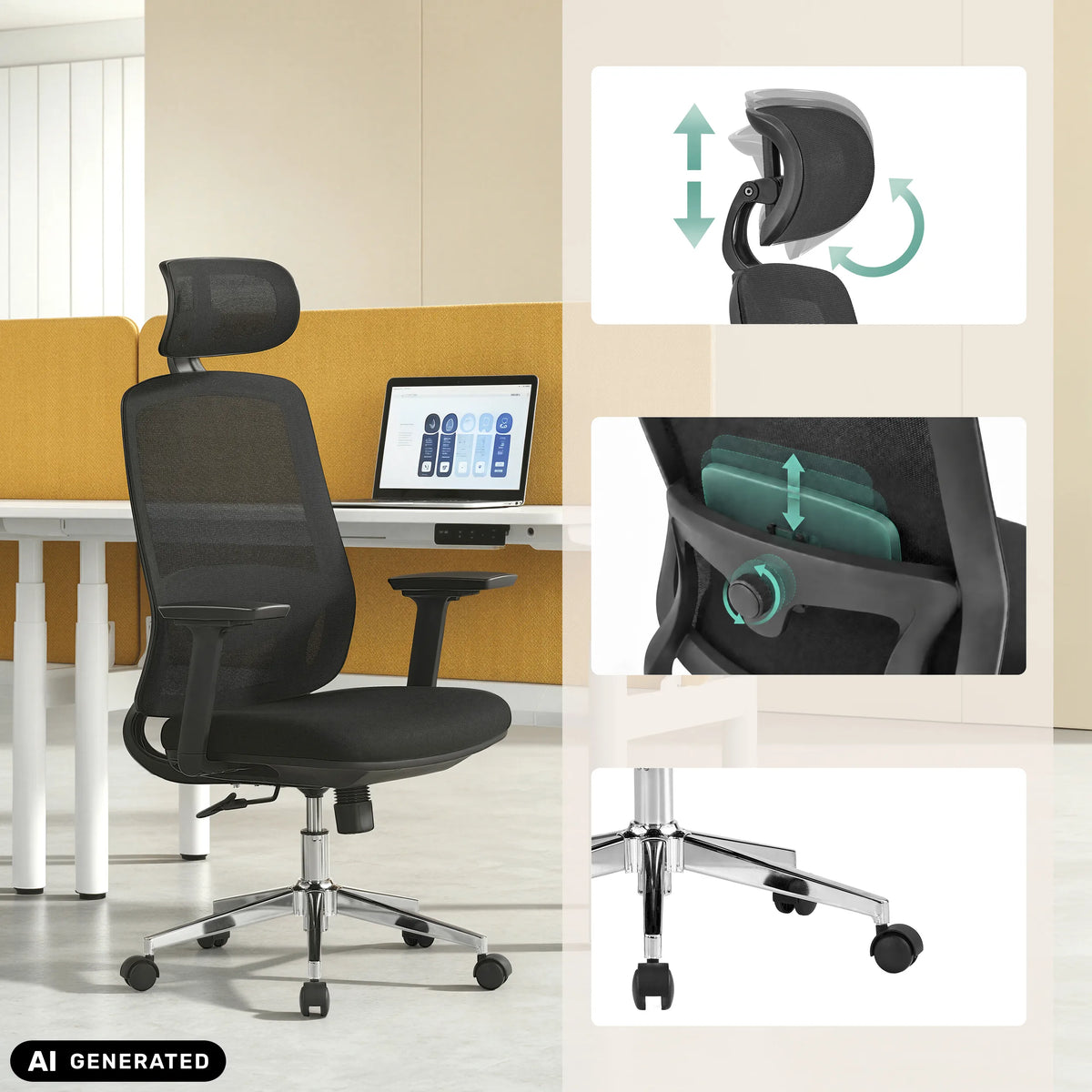 Siège de bureau de qualité professionnelle Ergosento en noir avec appuie-tête et support lombaire réglables de hjh OFFICE (image générée par IA)