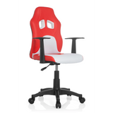 Chaise pivotante pour enfants TEEN GAME AL rouge et blanche avec accoudoirs et pied étoilé noir à cinq roulettes de hjh OFFICE – vue à 360° (vue de trois quarts avant 40°)