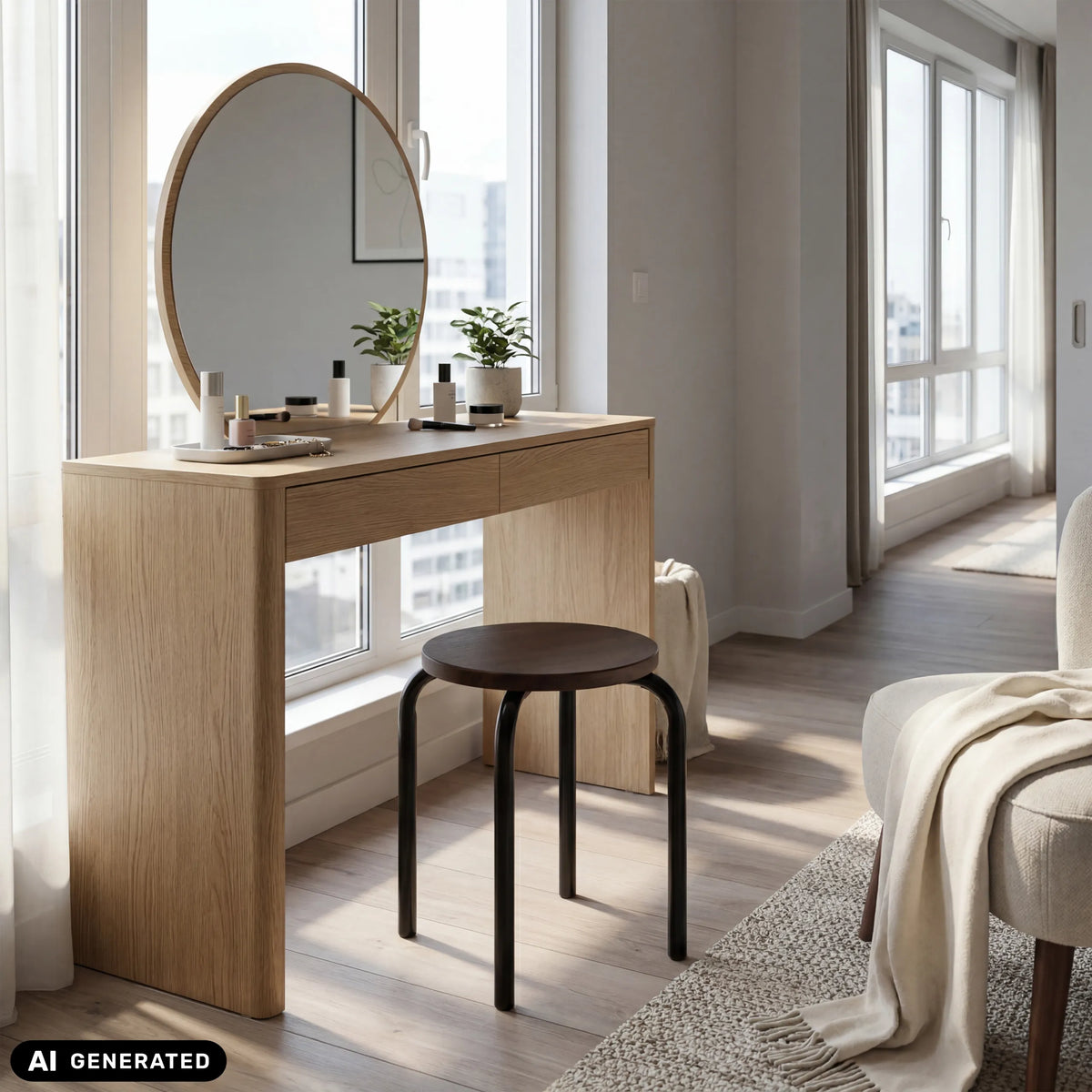 Tabouret ALRANDA en noir et noyer devant une coiffeuse de hjh LIVING