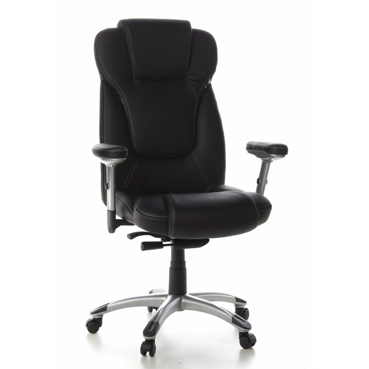 Siège de direction professionnelle EMBASSY 200 L noir avec accoudoirs et base argentée à cinq roulettes de hjh OFFICE – vue à 360° (vue de face 20°)
