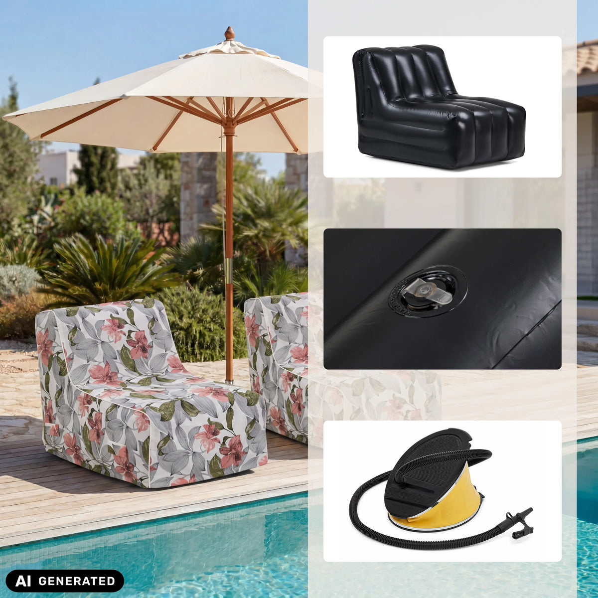 Canapés gonflables Sitzolo Air en différentes couleurs et vues avec pompe à air de hjh LIVING (image générée par IA)