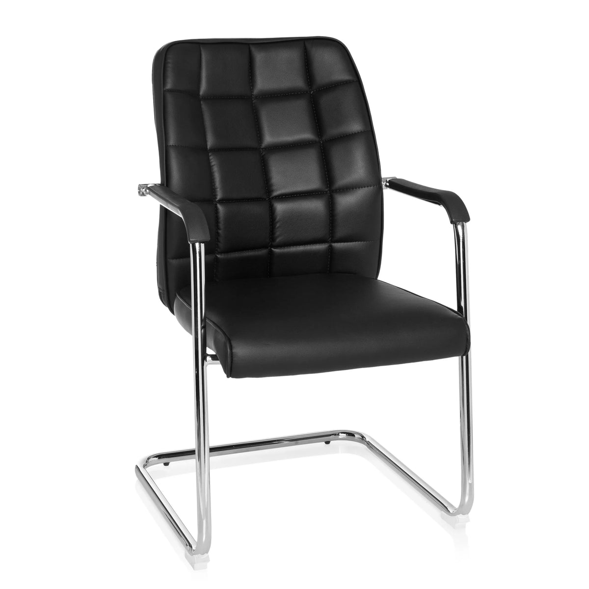 Chaise cantilever FLEXO V noire avec surpiqûres carrées et accoudoirs de hjh OFFICE – vue à 360° (vue de face 20°)