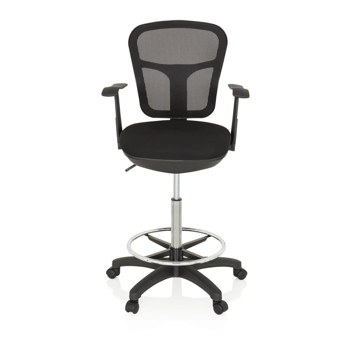 Chaise de comptoir TOP WORK 108 noire avec dossier en maille, repose-pieds et piètement à cinq roulettes de hjh OFFICE – vue à 360° (vue de face 0°)