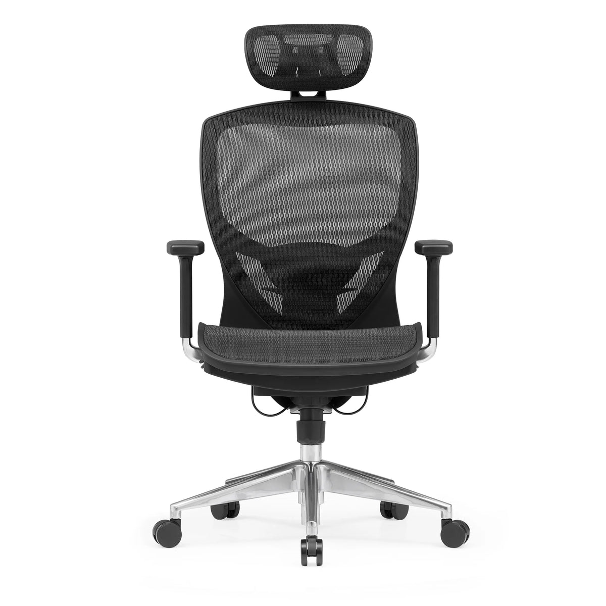 Siège de bureau haut de gamme VENUS ONE noir avec dossier en maille et base à cinq roulettes de hjh OFFICE – vue à 360° (vue de face 0°)