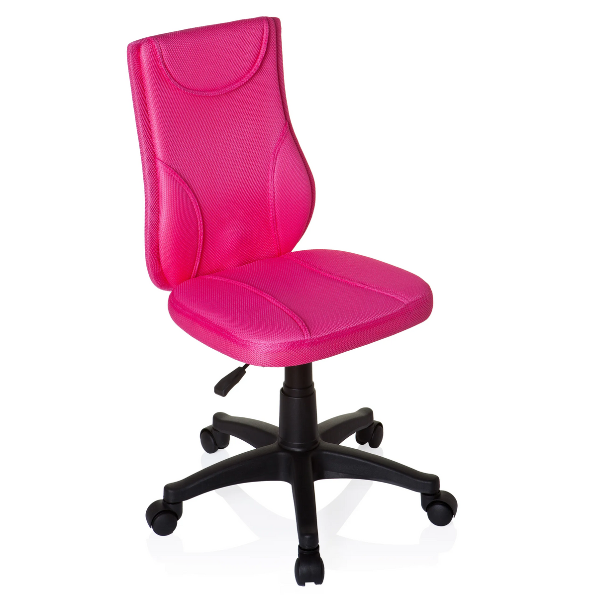 Chaise pivotante pour des enfants KIDDY BASE rose avec dossier en maille et base noire à cinq roulettes de hjh OFFICE – vue à 360° (vue de trois quarts avant 40°)