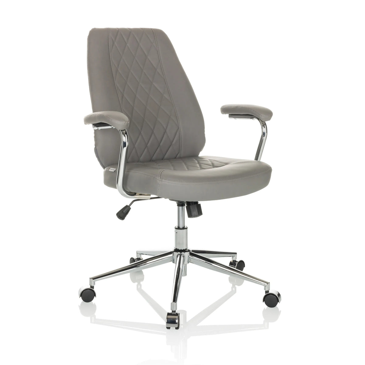 Siège de direction pour bureau à domicile THEO I gris avec dossier capitonné et base à cinq roulettes de hjh OFFICE – vue à 360° (vue de trois quarts avant 30°)