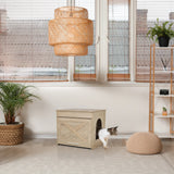 Maison pour chat KITTY PAWBOX 1 aspect chêne avec entrée circulaire et décoration frontale de hjh LIVING