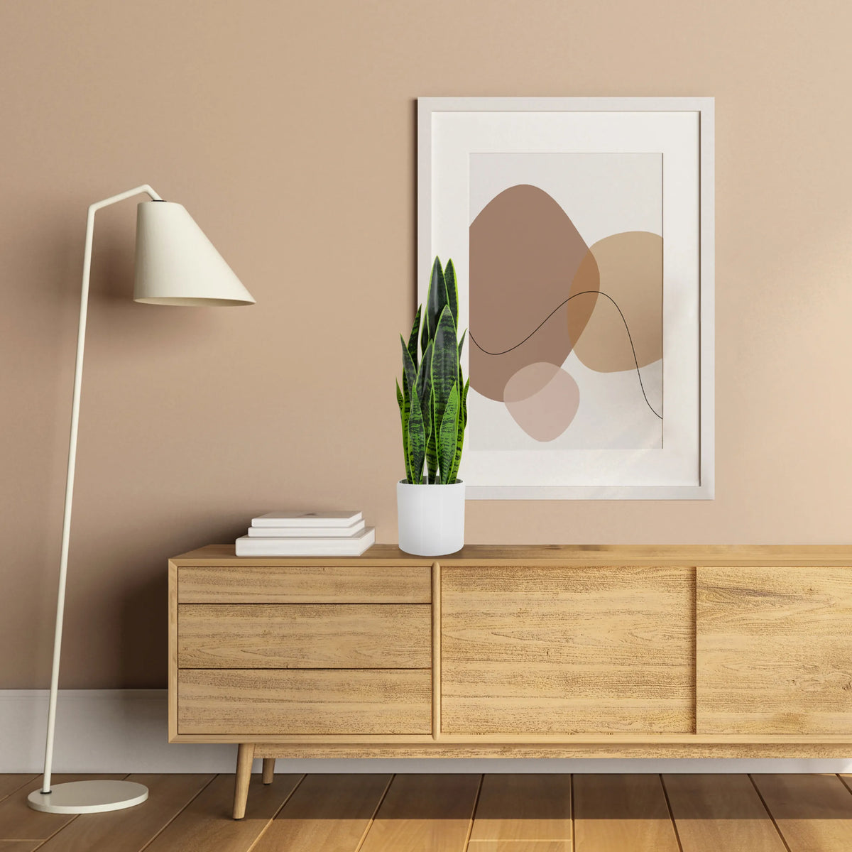 Plante artificielle verte SANSEVIERIA dans un pot blanc sur un buffet en bois de hjh OFFICE